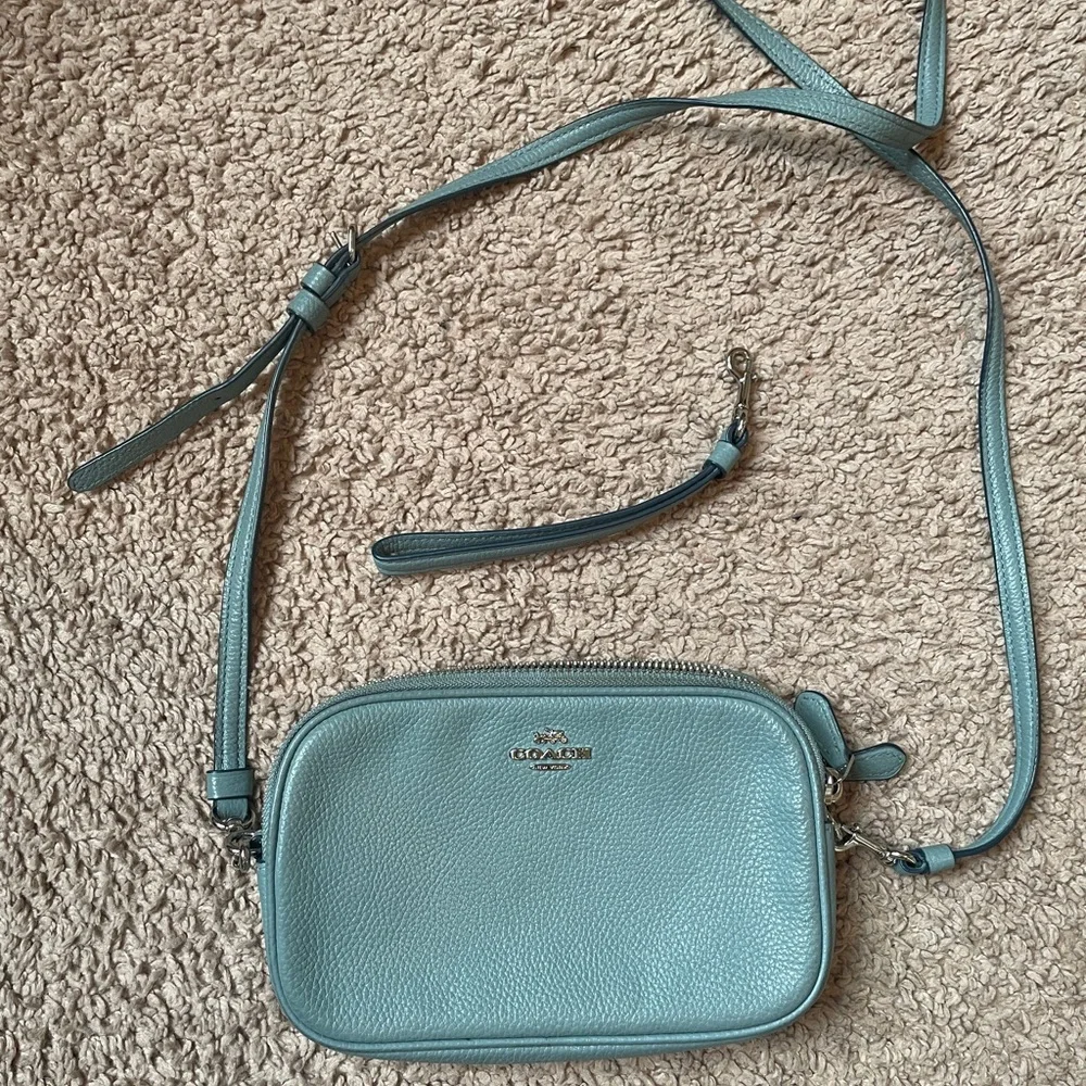 Coach Slate Blue Pebbled Leather Double Zip Crossbody with Silver Hardware - Picture 4 of 14